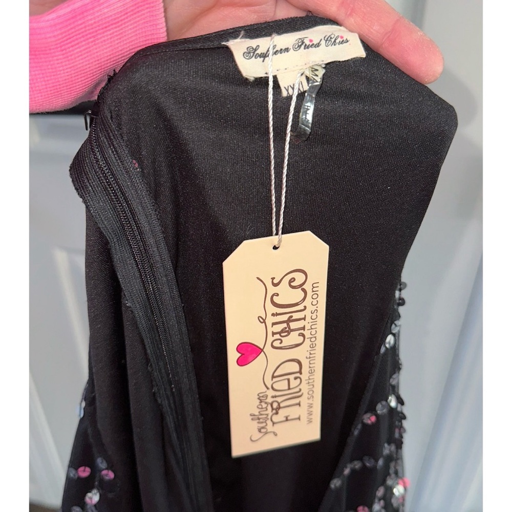 Southern Fried Chics Black Sequin Maxi dress with Mesh Sleeves - Picture 3 of 8
